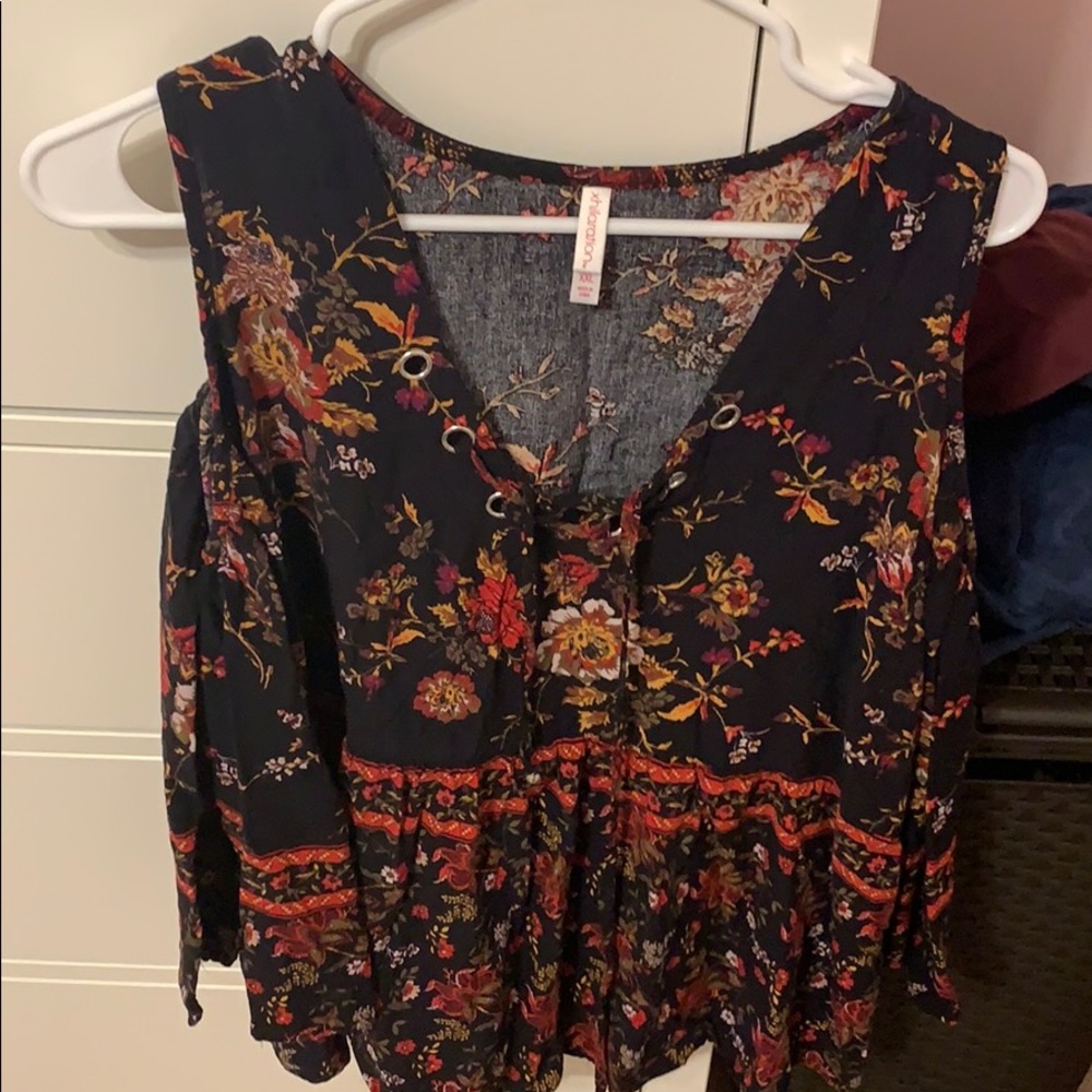 Xhiliration black and red floral off shoulder top